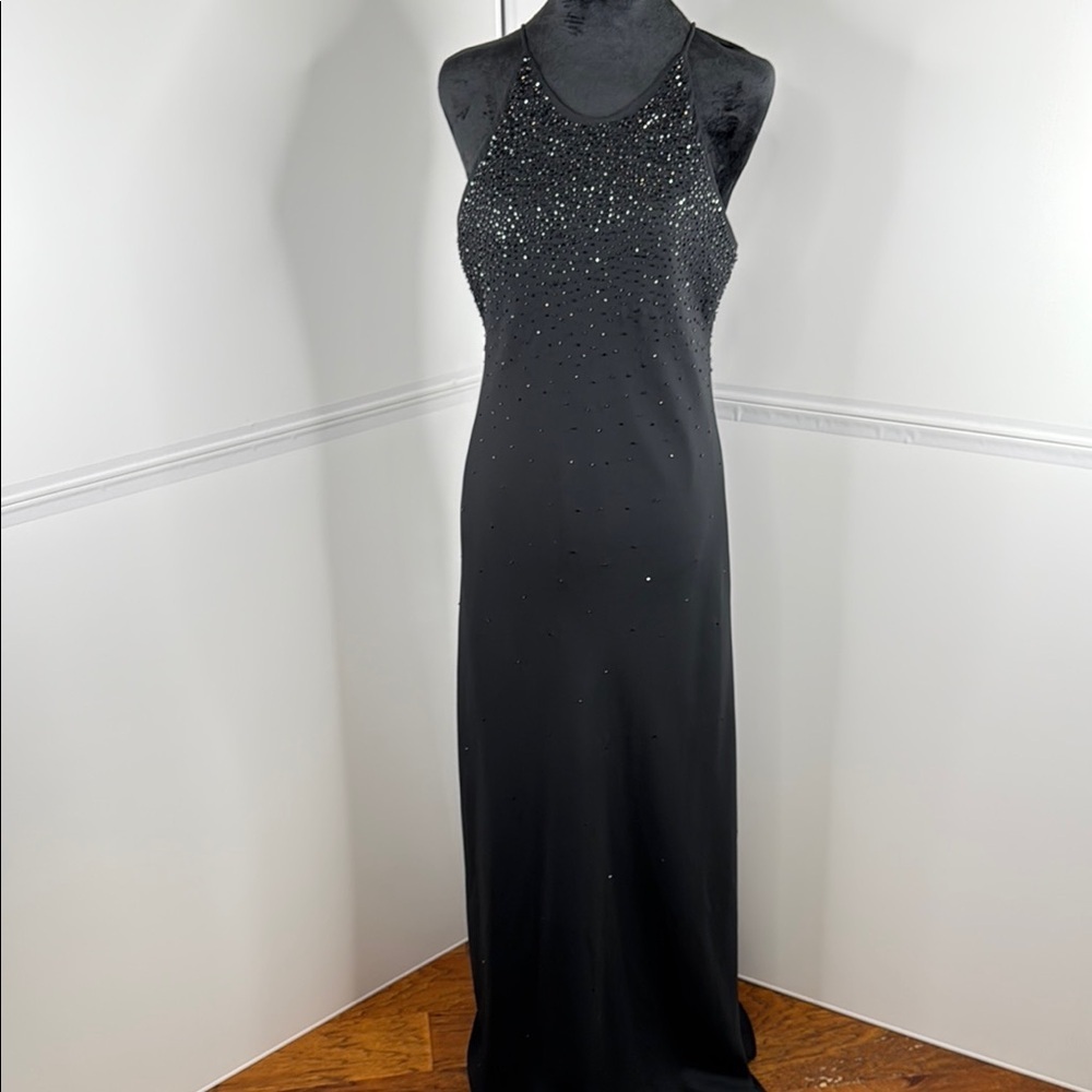 Chelsea Nites Vintage Black Beaded Halter Maxi Dress Formal Gown Size 12